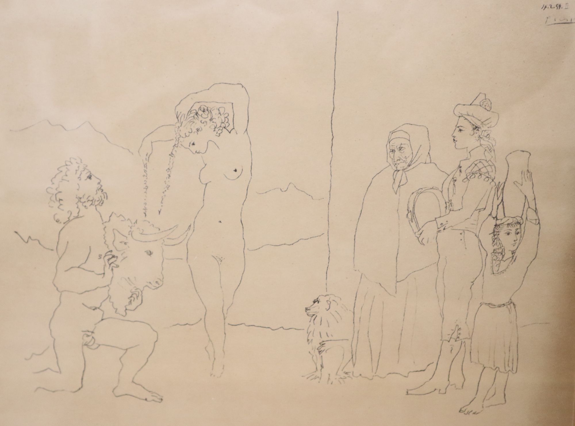 Henry Matisse, monochrome print, Artist and model, overall 29 x 36cm, a pair of prints after Picasso and a Cezanne reprint, Guillaumin